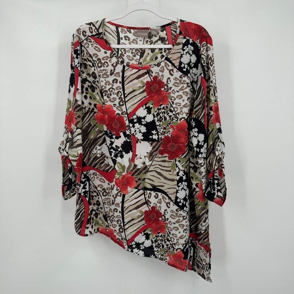 Chicos Womens Boho Bold Floral Tunic Top Size 2 US L Asymmetrical Maximalist